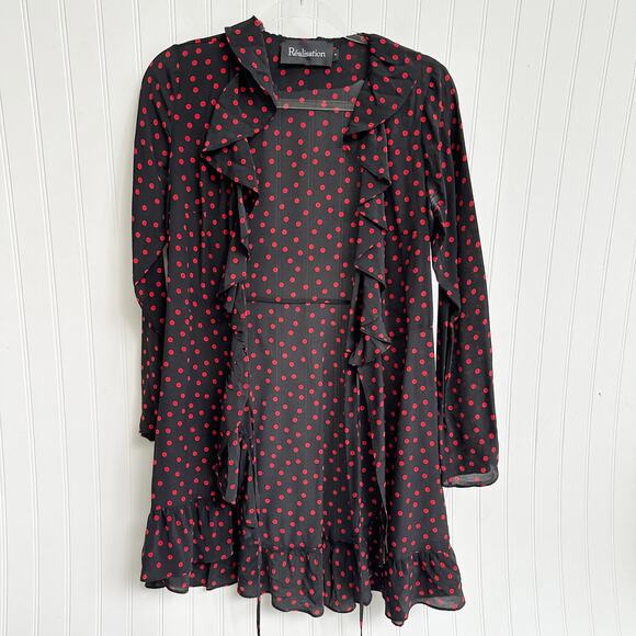 Réalisation Par Alexandra Black Silk Wrap Mini Dress Ruffle Hem Medium Polka Dot - Picture 7 of 12